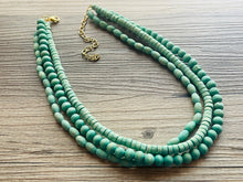 Load image into Gallery viewer, 3 Strand Wood Mint Green Stained Beaded Necklace, green Jewelry Chunky statement necklace, big beaded necklace jewelry, natural wood