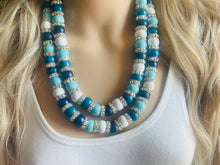 Load image into Gallery viewer, Aqua Blue Rhinestone Double Strand Statement Necklace, Chunky Blue Round Beaded Bib Jewelry, blue jewelry, light blue wood jewlery silver