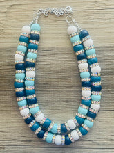 Load image into Gallery viewer, Aqua Blue Rhinestone Double Strand Statement Necklace, Chunky Blue Round Beaded Bib Jewelry, blue jewelry, light blue wood jewlery silver