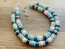 Load image into Gallery viewer, Aqua Blue Rhinestone Double Strand Statement Necklace, Chunky Blue Round Beaded Bib Jewelry, blue jewelry, light blue wood jewlery silver