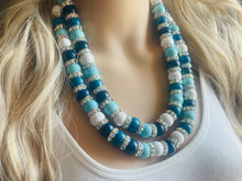 Load image into Gallery viewer, Aqua Blue Rhinestone Double Strand Statement Necklace, Chunky Blue Round Beaded Bib Jewelry, blue jewelry, light blue wood jewlery silver