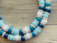 Load image into Gallery viewer, Aqua Blue Rhinestone Double Strand Statement Necklace, Chunky Blue Round Beaded Bib Jewelry, blue jewelry, light blue wood jewlery silver