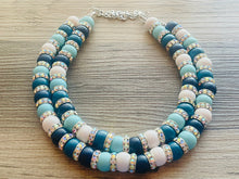 Load image into Gallery viewer, Aqua Blue Rhinestone Double Strand Statement Necklace, Chunky Blue Round Beaded Bib Jewelry, blue jewelry, light blue wood jewlery silver