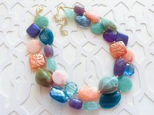 Load image into Gallery viewer, Starry Night Beach statement necklace, Beaded statement necklace, blue necklace, bib necklace, purple teal royal green bridesmaids chunky