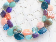Load image into Gallery viewer, Starry Night Beach statement necklace, Beaded statement necklace, blue necklace, bib necklace, purple teal royal green bridesmaids chunky