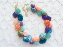 Load image into Gallery viewer, Starry Night Beach statement necklace, Beaded statement necklace, blue necklace, bib necklace, purple teal royal green bridesmaids chunky