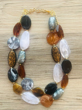 Load image into Gallery viewer, Outdoorsy Gal Neutral chunky necklace, beaded jewelry, resin beaded tan brown necklace, brown tan champagne gold silver white cream