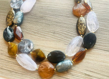 Load image into Gallery viewer, Outdoorsy Gal Neutral chunky necklace, beaded jewelry, resin beaded tan brown necklace, brown tan champagne gold silver white cream