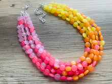 Load image into Gallery viewer, Island Summer Sunset Beaded Statement Necklace, beaded jewelry, earrings chunky bib 5 strand coral yellow orange blush pink collar