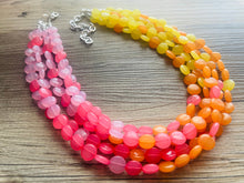 Load image into Gallery viewer, Island Summer Sunset Beaded Statement Necklace, beaded jewelry, earrings chunky bib 5 strand coral yellow orange blush pink collar
