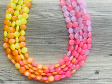 Load image into Gallery viewer, Island Summer Sunset Beaded Statement Necklace, beaded jewelry, earrings chunky bib 5 strand coral yellow orange blush pink collar