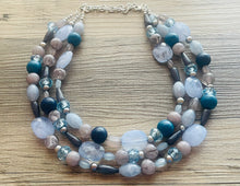 Load image into Gallery viewer, Shimmer Snowflake chunky necklace, gray beaded jewelry, silver resin beaded necklace, beaded necklace, aqua light blue royal teal necklace