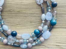 Load image into Gallery viewer, Shimmer Snowflake chunky necklace, gray beaded jewelry, silver resin beaded necklace, beaded necklace, aqua light blue royal teal necklace