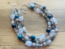 Load image into Gallery viewer, Shimmer Snowflake chunky necklace, gray beaded jewelry, silver resin beaded necklace, beaded necklace, aqua light blue royal teal necklace