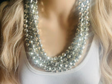 Load image into Gallery viewer, Super Shiny Silver Chunky Statement Necklace, Big beaded jewelry, Gray 5 Strand Statement Necklace, Bib necklace winter resin mirror