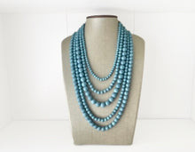 Load image into Gallery viewer, Turquoise Graduated Necklace, 5 strand jewelry, round beaded chunky statement necklace, blue necklace, light blue jewelry, formal drop long
