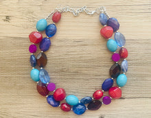 Load image into Gallery viewer, Berry Good Chunky Statement Necklace, Double Strand Beaded Jewelry, cranberry Blue jewelry, bridesmaid wedding bib resin purple turquoise