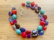 Load image into Gallery viewer, Berry Good Chunky Statement Necklace, Double Strand Beaded Jewelry, cranberry Blue jewelry, bridesmaid wedding bib resin purple turquoise