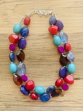 Load image into Gallery viewer, Berry Good Chunky Statement Necklace, Double Strand Beaded Jewelry, cranberry Blue jewelry, bridesmaid wedding bib resin purple turquoise