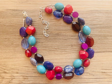Load image into Gallery viewer, Berry Good Chunky Statement Necklace, Double Strand Beaded Jewelry, cranberry Blue jewelry, bridesmaid wedding bib resin purple turquoise
