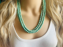 Load image into Gallery viewer, 3 Strand Wood Mint Green Stained Beaded Necklace, green Jewelry Chunky statement necklace, big beaded necklace jewelry, natural wood
