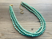 Load image into Gallery viewer, 3 Strand Wood Mint Green Stained Beaded Necklace, green Jewelry Chunky statement necklace, big beaded necklace jewelry, natural wood