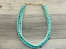 Load image into Gallery viewer, 3 Strand Wood Mint Green Stained Beaded Necklace, green Jewelry Chunky statement necklace, big beaded necklace jewelry, natural wood