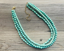 Load image into Gallery viewer, 3 Strand Wood Mint Green Stained Beaded Necklace, green Jewelry Chunky statement necklace, big beaded necklace jewelry, natural wood