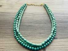 Load image into Gallery viewer, 3 Strand Wood Mint Green Stained Beaded Necklace, green Jewelry Chunky statement necklace, big beaded necklace jewelry, natural wood