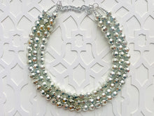 Load image into Gallery viewer, Mirrorball Silver Chunky Statement Necklace, Big beaded jewelry, Gray 3 Strand Statement Necklace, Bib necklace winter resin mirror