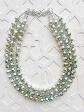 Load image into Gallery viewer, Mirrorball Silver Chunky Statement Necklace, Big beaded jewelry, Gray 3 Strand Statement Necklace, Bib necklace winter resin mirror