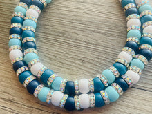 Load image into Gallery viewer, Aqua Blue Rhinestone Double Strand Statement Necklace, Chunky Blue Round Beaded Bib Jewelry, blue jewelry, light blue wood jewlery silver