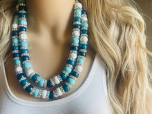 Load image into Gallery viewer, Aqua Blue Rhinestone Double Strand Statement Necklace, Chunky Blue Round Beaded Bib Jewelry, blue jewelry, light blue wood jewlery silver
