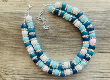 Load image into Gallery viewer, Aqua Blue Rhinestone Double Strand Statement Necklace, Chunky Blue Round Beaded Bib Jewelry, blue jewelry, light blue wood jewlery silver
