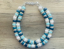 Load image into Gallery viewer, Aqua Blue Rhinestone Double Strand Statement Necklace, Chunky Blue Round Beaded Bib Jewelry, blue jewelry, light blue wood jewlery silver
