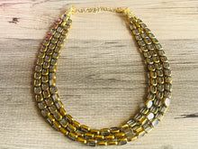 Load image into Gallery viewer, Gold Dipped beaded statement necklace, triple strand necklace, gray jewelry, glass jewelry, 3 chunky jewelry gray gold geometric statement