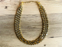 Load image into Gallery viewer, Gold Dipped beaded statement necklace, triple strand necklace, gray jewelry, glass jewelry, 3 chunky jewelry gray gold geometric statement