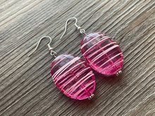 Load image into Gallery viewer, Dark Pink & White Striped Chunky Statement Necklace double Strand Beaded jewelry, bridesmaid bib magenta hot pink earrings