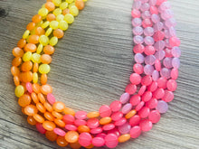 Load image into Gallery viewer, Island Summer Sunset Beaded Statement Necklace, beaded jewelry, earrings chunky bib 5 strand coral yellow orange blush pink collar