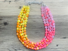 Load image into Gallery viewer, Island Summer Sunset Beaded Statement Necklace, beaded jewelry, earrings chunky bib 5 strand coral yellow orange blush pink collar