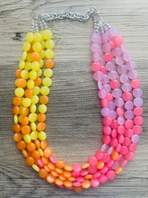 Load image into Gallery viewer, Island Summer Sunset Beaded Statement Necklace, beaded jewelry, earrings chunky bib 5 strand coral yellow orange blush pink collar