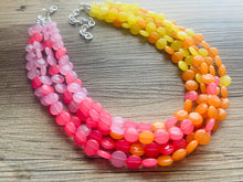 Load image into Gallery viewer, Island Summer Sunset Beaded Statement Necklace, beaded jewelry, earrings chunky bib 5 strand coral yellow orange blush pink collar