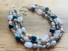 Load image into Gallery viewer, Shimmer Snowflake chunky necklace, gray beaded jewelry, silver resin beaded necklace, beaded necklace, aqua light blue royal teal necklace