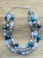 Load image into Gallery viewer, Shimmer Snowflake chunky necklace, gray beaded jewelry, silver resin beaded necklace, beaded necklace, aqua light blue royal teal necklace