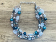 Load image into Gallery viewer, Shimmer Snowflake chunky necklace, gray beaded jewelry, silver resin beaded necklace, beaded necklace, aqua light blue royal teal necklace