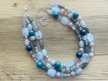 Load image into Gallery viewer, Shimmer Snowflake chunky necklace, gray beaded jewelry, silver resin beaded necklace, beaded necklace, aqua light blue royal teal necklace
