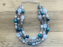 Load image into Gallery viewer, Shimmer Snowflake chunky necklace, gray beaded jewelry, silver resin beaded necklace, beaded necklace, aqua light blue royal teal necklace
