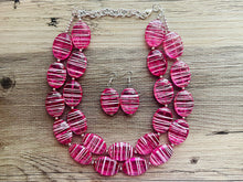 Load image into Gallery viewer, Dark Pink & White Striped Chunky Statement Necklace double Strand Beaded jewelry, bridesmaid bib magenta hot pink earrings