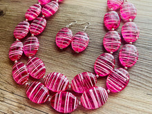 Load image into Gallery viewer, Dark Pink & White Striped Chunky Statement Necklace double Strand Beaded jewelry, bridesmaid bib magenta hot pink earrings