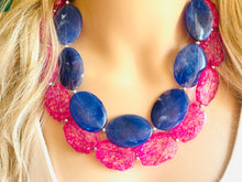 Load image into Gallery viewer, Blue & Pink Hot Chunky Statement Necklace double Strand Beaded jewelry, bridesmaid bib blue magenta necklace, royal blue dark hot pink